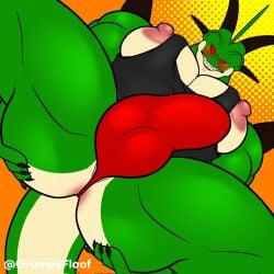 5_fingers alien antennae_(anatomy) anthro anus ass biceps big_butt big_muscles big_pecs black_nails blush bottomwear bulge claws clothed clothing colored_nails digital_media_(artwork) dragon dragon_ball dragon_ball_z fingers genitals green_body green_skin grumpyfloof hi_res horn humanoid humanoid_genitalia looking_at_viewer male male_focus male_only muscular muscular_anthro muscular_male mythological_creature mythological_scalie mythology nails nipples not_furry pecs pink_nipples porunga porunga_(character) red_eyes scalie shirt simple_background solo solo_male spread_butt spread_legs spreading tail tank_top teeth text thong topwear underwear