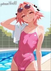 1boy 1femboy ai_generated astolfo_(fate) bangs braid braided_hair erection erection_under_clothes eyewear_on_head fate/grand_order fate_(series) femboy light-skinned_male male male_only penis pink_eyes pink_hair solo sunglasses swimsuit tagme testicles viviai