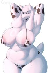 2024 2_horns absurd_res animal_print animal_print_bikini anthro areola areola_slip artist_name belly big_breasts bikini boss_monster_(undertale) bovid breasts caprine cleavage clothed clothing cow_print cow_print_bikini curvy_figure eyebrows eyelashes female floppy_ears fur goat half-closed_eyes hands_behind_head hi_res horn huge_breasts legs_together looking_at_viewer mammal mature_female narrowed_eyes pattern_bikini pattern_clothing pattern_swimwear pose purple_eyes raised_arms side-tie_bikini skimpy slightly_chubby solo standing string_bikini swimwear thick_thighs toriel two-piece_swimsuit undertale_(series) voluptuous white_body white_fur wide_hips xintro