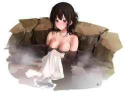 bare_arms bare_shoulders bathing big_breasts black_hair blush breasts chitanda_eru collarbone completely_nude holding_towel hot_spring hyouka mery_(yangmalgage) nude onsen open_mouth partially_submerged ponytail purple_eyes steam sweat towel water wet_body wet_hair