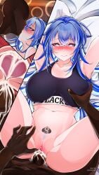 1boy 1boy1girl 1girls arms_behind_head azur_lane big_breasts big_penis blacked blacked_clothing blue_eyes blue_hair blush breast_grab breasts cum cum_in_pussy cum_in_uterus dark-skinned_male dark_skin drooling hand_on_pussy heart-shaped_pupils interracial kissing lidded_eyes long_hair long_xue looking_at_viewer missionary_position multiple_views new_jersey_(azur_lane) on_back on_bed pale-skinned_female pale_skin penis penis_in_pussy pussy pussy_hair qos queen_of_spades sex sports_bra spread_legs tattoo thick_thighs vaginal_penetration vaginal_sex