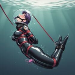 ai_generated arched_back ball_gag bondage bubble_helmet diving_helmet female_orgasm gag latex_bodysuit misato_katsuragi neon_genesis_evangelion nordslate orgasm space_helmet underwater vibrator