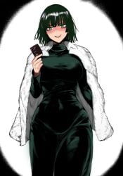 2d big_breasts breasts busty clothed color colored condom dress female female_focus female_only fubuki_(one-punch_man) fur_coat holding_object masoq095 one-punch_man saitama tagme