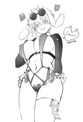 bunny_girl bunnysuit condom condom_belt condom_packet_strip condom_wrapper female gender_transformation genderbent genderswap_(mtf) huge_breasts jujutsu_kaisen looking_down rule_63 satoru_gojo short_hair suguru_geto whore