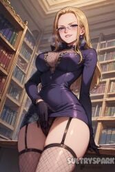 1girls ai_generated artist_name black_panties blonde_female blonde_hair blonde_hair_female eyes female female_only fishnet fishnet_legwear fishnet_pantyhose fishnet_stockings fishnets from_below futarush girl kalifa kalifa_(one_piece) looking_at_viewer masturbation one_piece panties patreon patreon_username purple_eyes solo sultryspark thick