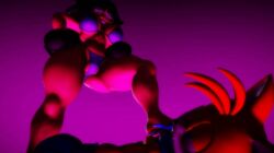 1boy 1girls 3d 3d_model anthro big_breasts bikini bikini_bottom bikini_top black_hair breasts female fox glowing_eyes hand_on_hip looking_down luther_(needlemouse) male male/female male_anthro needlemouse_(series) purple_bikini sarah_henderson_(needlemouse) thick_thighs thighs