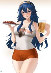 1girls absurdres alternate_breast_size alternate_costume beer_mug blue_eyes blue_hair breasts chicken_(food) cleavage cowboy_shot cup female female_only fire_emblem fire_emblem_awakening foam food hair_between_eyes highres holding holding_cup holding_plate hooters kataku_musou long_hair lucina_(fire_emblem) medium_breasts mug nintendo no_legwear orange_shorts parted_lips plate short_shorts shorts signature simple_background solo tank_top thighs tiara waitress wavy_hair white_background white_tank_top