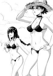 2girls alternate_costume arm_support bikini bikini_bottom bikini_top boruto:_naruto_next_generations boruto:_two_blue_vortex braided_twintails braids breasts cleavage eyewear female female/female female_only glasses hat kakei_sumire lickliking megane midriff monochrome multiple_girls naruto naruto_(series) pelvic_lines petite post-timeskip revealing_clothes sarada_uchiha skirt smile straw straw_hat swimsuit teenage_girl teenager twin_braids twintails very_long_hair