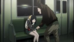 1boy 1girl anime_screencap background_characters bare_legs chikan closed_eyes death_note female knees_together legs looking_away miniskirt purse screencap sexual_harassment skirt_grab skirt_lift skirt_tug thighs train train_interior