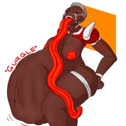 belly belly_bulge big_belly breasts closed_eyes dark-skinned_female dark_skin female female_pred huge_belly hyper_tongue long_tongue nipples red_(tongueslonger) same_size_vore tongue tongue_out tongueslonger vore