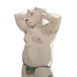 2023 anthro armpit_hair bear body_hair bulge clothed clothing eyewear glasses hair hands_behind_head hi_res leib_(tokyo_afterschool_summoners) lifewonders male mammal nipples nyaalgebra polar_bear ponytail raised_arms slightly_chubby slightly_chubby_anthro slightly_chubby_male solo standing tokyo_afterschool_summoners underwear underwear_only ursine