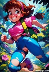 ai_generated background_character brown_hair cute dora_marquez dora_the_explorer happy pussy ripped_clothing ripped_pants running smile wallpaper