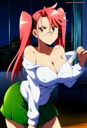 1girls 2025 ai_generated aikenoart arm_on_hip big_breasts blush brown_eyes choker glasses green_skirt highschool_of_the_dead large_breasts looking_at_another milf pink_hair pussy saya_takagi solo standing thighs toned twintails wet