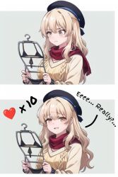 1girls ai_generated beret blonde_hair crop_top english_text female flan_(flanofart) flanofart meme oc orange_eyes original_character scarf solo tagme twitter_strip_game_(meme)