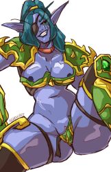 bikini_armor blue_body blue_hair breasts breasts broken_armor catias elf elf_ears elf_female eye_patch face_tattoo mickeynart night_elf night_elf_female nipples ponytail sketch tattoo warcraft world_of_warcraft