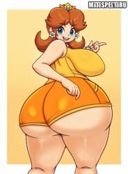 1girls ass blue_eyes breasts brown_hair bubble_butt crown earrings female female_only flower_earrings large_ass large_breasts looking_at_viewer looking_back mario_(series) matospectoru nintendo orange_shorts pale-skinned_female pale_skin princess princess_daisy royalty shoulder_length_hair sideboob sleeveless_shirt sportswear super_mario_bros. thick_thighs yellow_shirt