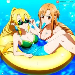 2girls adjusting_eyewear adjusting_glasses adjusting_sunglasses ai_generated bikini blonde_hair brown_eyes elf_ears float floating floating_hair green-tinted_eyewear green_eyes ice_cream juanpi_amvs lazo leafa long_hair looking_over_eyewear looking_over_sunglasses ocean patreon patreon_username sunglasses sword_art_online tinted_eyewear watermark yuuki_asuna