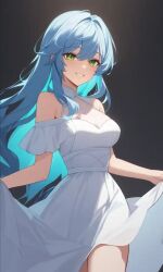 ai_generated amber_lightvale black_background blue_hair breasts breasts dress glitchtale green_eyes grey_background light_blue_hair long_hair smiling thighs wedding_dress white_dress white_wedding_dress