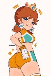 ass ass_focus blue_eyes brown_hair canonical_scene cremanata crown daisy's_hot_stuff_(trend) earrings female freckles freckles_on_face girl hands_on_hips hehe laugh looking_back mario_(series) mario_strikers medium_breasts orange_shorts princess_daisy redraw short_hair shorts simple_background skindentation solo sports_bra sportswear thighhighs thighs tomboy tongue_out twintails