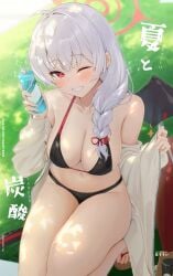 auui bikini black_bikini blue_archive bottle braid braided_ponytail breasts cleavage commentary_request female halo haruna_(blue_archive) highres holding holding_bottle looking_at_viewer medium_breasts one_eye_closed red_eyes red_halo sandals single_wing smile solo squatting swimsuit toes white_hair wings