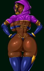 1girls big_ass big_breasts danimon dark-skinned_female dark_skin dat_ass dreadlocks earrings elbow_gloves female female_only gloves green_eyes hood latex latex_gloves league_of_legends looking_at_viewer purple_lipstick rear_view reportgg riot_games senna_(league_of_legends) solo thighhighs thong