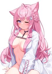 ;3 animal_ear_fluff animal_ears antenna_hair bangs between_legs black_choker blush braid braided_bun breasts breasts_apart choker closed_mouth crown_braid deaver female hair_bun hair_ornament hakui_koyori hand_between_legs highres hololive hololive_japan holox labcoat large_breasts long_hair long_sleeves looking_at_viewer naked_labcoat navel one_eye_closed pink_hair purple_eyes simple_background sitting solo very_long_hair virtual_youtuber white_background wolf_ears