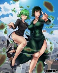 2girls belly belly_button big_breasts blue_sky bob_cut breasts busty cameltoe city cleavage clothes clothing covered_breasts covered_navel covered_nipples curly_hair curvaceous curvy curvy_female curvy_figure dark_green_hair dark_hair duo earrings esper esper_sisters exposed_legs exposed_thighs female female_only floating flying front_view fubuki_(one-punch_man) full_body green_eyes green_hair heroine hips jewelry kariksart large_breasts larger_female legs legs_together light-skinned_female light_skin lips lipstick looking_at_viewer medium_hair midriff multiple_girls nails navel necklace nipple_bulge one-punch_man pink_lips pink_lipstick powers psychic pussy_bulge see-through_clothing see_through short_hair sisters size_difference sky slim slim_waist small_breasts smaller_female smile smiling smiling_at_viewer stomach sun taller_girl tatsumaki thick_legs thick_thighs thighs thin_waist tight_clothing voluptuous waist wide_hips