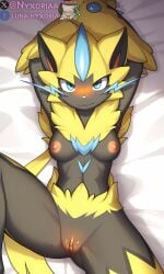 ai_generated artist_name blush breasts cat_ears fur furry furry_female nyxoria open_legs paws pokemon pokemon_(species) pokephilia vagina zeraora