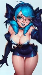 ai_generated anime anime_style bare_shoulders big_breasts blue_eyes blue_hair blue_lipstick breasts breasts breasts cleavage dress female female_focus female_only focus from_front_position glasses gloves gwen_(league_of_legends) hair_ribbon large_breasts league_of_legends lips lipstick long_sleeves looking_at_viewer medium_hair one_eye_closed open_mouth pose posing posing_for_picture posing_for_the_viewer riot_games round_glasses seducing seductive seductive_body seductive_eyes seductive_face seductive_gaze seductive_look seductive_mouth seductive_pose seductive_smile shiny shiny_body shiny_breasts shiny_clothes shiny_hair shiny_skin short_dress sideboob sky4maleja smile smile_at_viewer smiley_face standing teeth thick_thighs thighs white_background