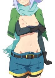 aqua_scarf bike_shorts black_gloves blue_hair blue_shorts breasts capelet chris_(konosuba) closed_mouth commentary_request female gloves green_capelet head_out_of_frame highres kono_subarashii_sekai_ni_shukufuku_wo! morisobo navel nipples scar scar_on_cheek scar_on_face scarf short_hair shorts simple_background small_breasts solo standing white_background