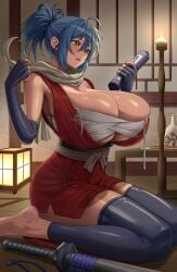 bandages barefoot blush breasts cleavage female_only fundoshi gloves huge_breasts indoors japanese_clothes katana kimono kneeling manyuu_chifusa manyuu_hikenchou scarf scroll silvertsuki solo sword thighhighs weapon yellow_eyes