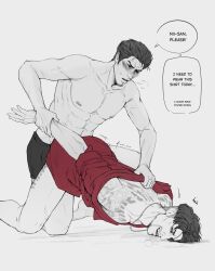 2boys anal bed bedroom blush collared_shirt face_down_ass_up fight fighting gay implied_anal implied_penetration implied_sex kiryu_kazuma majima_goro male male/male male_penetrating panting ryuu_ga_gotoku ryuu_ga_gotoku tattoo tattoos yakuza_(series) yakuza_tattoo