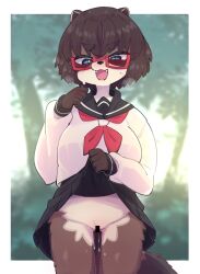 animal_ears blue_eyes blush brown_hair censored clothes_lift female furry glasses lifting_own_clothes looking_at_viewer original raccoon_ears raccoon_tail sailor_collar school_uniform skirt skirt_lift tail yuuki_(yuyuki000)