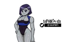 breasts colored_skin dc dc_comics euphoria-xox eye_shadow female female_focus grey_skin hand_on_hip hand_on_side latex latex_suit purple_eyes purple_hair rachel_roth raven_(dc) shirt small_breasts solo solo_focus straight_hair superhero teen_titans tight tight_shirt