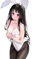 ass_visible_through_thighs bare_arms bare_shoulders big_breasts black_hair black_pantyhose blush breasts bunny_ears bunnysuit chitanda_eru cleavage covering_privates groin hyouka long_hair mery_(yangmalgage) neck_ribbon open_mouth pantyhose purple_eyes shiny_skin sweatdrop thighs white_bunnysuit