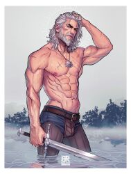 1boy bulge caucasian caucasian_male daddy geralt_of_rivia gray_hair grey_hair hand_on_head ian_fay_art in_water long_hair long_hair_male low_waisted_pants male male_only muscles muscular muscular_male partially_clothed scars solo sword the_witcher the_witcher_(series) wet