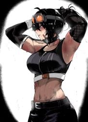 1girls armpit armpits arms_up armwear bandage_on_face belly belly_button big_breasts busty clothed color color_edit colored female goggles goggles_on_head grace_howard hoyoverse huge_breasts large_breasts masoq095 mechanic mihoyo mostly_clothed sweat sweating sweaty sweaty_armpits tomboy tummy zenless_zone_zero