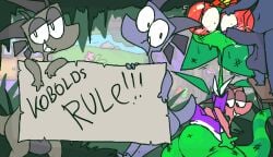 anthro balls belly blush bodily_fluids bruised bruised_eye flygon foreskin genitals green_body group horn imminent_rape kobold looking_at_viewer male male/male nintendo penis pokemon roksim roksim_the_time_mage sweat text toony