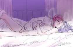 2girls breasts closed_eyes closed_mouth clothed_female_nude_female commentary completely_nude curtains english_commentary fingering guigu highres indoors kissing kpop_demon_hunters long_sleeves medium_breasts mira_(kpop_demon_hunters) multiple_girls nipples nude on_bed purple_hair red_hair rumi_(kpop_demon_hunters) shirt smile white_shirt yuri