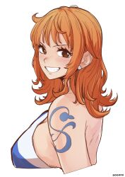 aosora big_breasts bikini_top brown_eyes earring female female_only looking_at_viewer looking_back nami nami_(one_piece) one_piece orange_hair smile smiling smiling_at_viewer tattoo