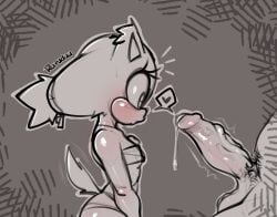 anthro badger balls blush bodily_fluids duo female genital_fluids genitals human interspecies male male/female mammal mustelid musteline penis penis_awe precum pubes ruruduu sega sonic_(series) sonic_boom sonic_the_hedgehog_(series) sticks_the_badger uncensored