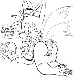 artist_request bent_over gloves hat hindpaw looking_back male nervous_smile sega sonic_(series) sweaty tails_the_fox trash_can underwear used_condom