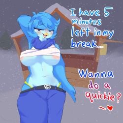 1girl 1girls absurd_res anthro asking_for_it asking_for_sex beak belt birbmabe bird bird_beak bird_girl blue_feathers blue_hair blue_hair_female blue_pants bottomwear breasts clothing deltarune_(symbol) denim denim_bottomwear denim_clothing dialogue feathers female heart heart_symbol hi_res horny horny_female jeans lifting_shirt looking_at_viewer martlet_(undertale_yellow) navel only_female pants quickie shirt shirt_lifted_by_self tagme talking_to_viewer text thong_straps undertale undertale_(series) undertale_yellow white_shirt yellow_beak yellow_thong