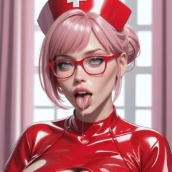 ai_generated glasses latex_suit nurse open_mouth pink_hair red_latex saliva