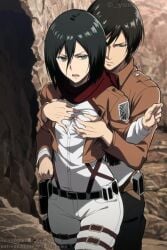 ai_generated attack_on_titan breast_grab breast_grab_from_behind breast_grab_under_clothes breast_grabbed_from_behind female female_focus mikasa_ackerman molestation red_scarf shingeki_no_kyojin survey_corps_(emblem)