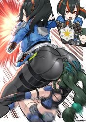 2girls :3 absurdres ammunition_pouch android artist_name ass ass_focus black_gloves black_hair black_pants black_shorts blue_jacket blue_necktie blunt_bangs breasts checkered_necktie collared_shirt commentary crop_top emphasis_lines face_in_ass facesitting female_face_near_ass firing gloves green_hair gun hair_between_eyes handlebar head_on_ass high-waist_pants highres holding holding_gun holding_weapon holster jacket large_breasts long_hair long_sleeves metal_hairband midriff motion_blur multicolored_hair multiple_girls necktie open_clothes open_jacket open_mouth orange_eyes pants police police_uniform policewoman ponytail pouch qingyi_(zenless_zone_zero) recoil red_hair robot_girl shirt short_shorts shorts shoulder_holster sidelocks sleeveless sleeveless_shirt standing streaked_hair symbol-only_commentary teeth thigh_pouch tight_clothes tight_pants twintails uniform uwu weapon white_shirt yuri yuzun404 zenless_zone_zero zhu_yuan