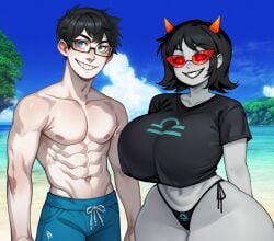 1boy 1girls abs ai_assisted ai_generated ailurid beach bikini_bottom black_hair colored_skin curvy curvy_female female gardener_ai glasses grey_skin highleg_bikini homestuck horns hourglass_figure john_egbert large_breasts male medium_hair midriff ms_paint_adventures muscular_male navel ocean plump pony_diffusion_xl red-tinted_eyewear shades sharp_teeth shirt side-tie_bikini smile stable_diffusion string_bikini sunglasses t-shirt teeth terezi_pyrope thick_thighs tight_clothing tinted_eyewear topless_male wide_hips