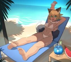 1girls animal_ears beach beach_background beach_chair blonde_female blonde_hair blue_sky blush body_markings breasts cyberconnect2 cyberconnect2_(character) drink e ear_tuft eyebrows eyebrows_visible_through_hair eyelashes eyelashes_visible_through_hair facial_markings feet female female_focus female_only fox_ears fox_girl fox_tail green_eyes hair hair_between_eyes hand_behind_head ice juice lime looking_at_viewer lounging multicolored_ears multicolored_fur multicolored_tail neptunia_(series) outdoor outdoors public rajahdark shadow short_hair small_breasts solo solo_female solo_focus stretching swimsuit table tail tanned tanned_female tanned_girl tanned_skin tree water watermelon waves