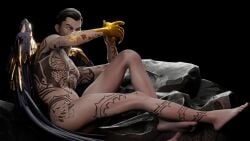 1boy 3d artistic artistic_nude black_hair fortnite male male_only masculine midas_(fortnite) mothaccino muscular nude nude_male pale_skin posing reference solo solo_male tattoos wings