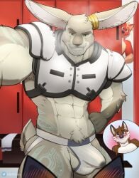 abs absurd_res anthro armpit_hair big_dom_small_sub blush bodily_fluids body_hair bullying canid clothing confident confident_male dominant ear_cuff first_person_view flirting flirting_with_viewer folsky folsky_(character) football_gear football_player greyfus group hare hi_res hybrid jock jockstrap lagomorph leporid locker_room long_ears male male/male mammal markings muscular muscular_male musk musk_clouds pubic_fuzz shoulder_pads sirocco_(dragoncrescent) size_difference sweat tenting tribal tribal_markings underwear voyeur